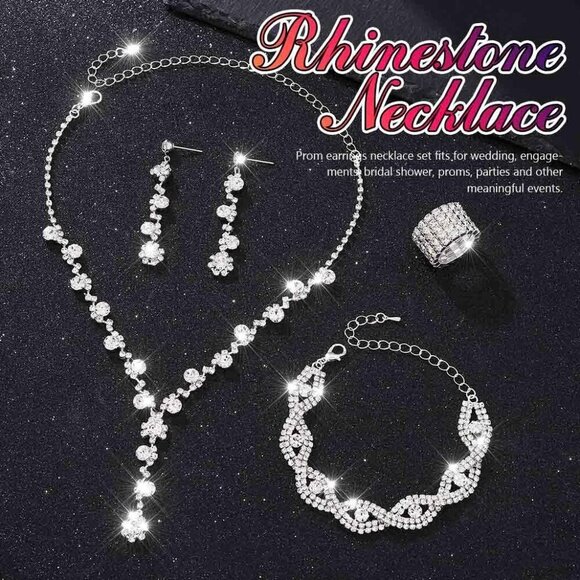 Women Bridal Rhinestone Jewelry Set Necklace Earrings Bracelet Ring - Picture 2 of 7